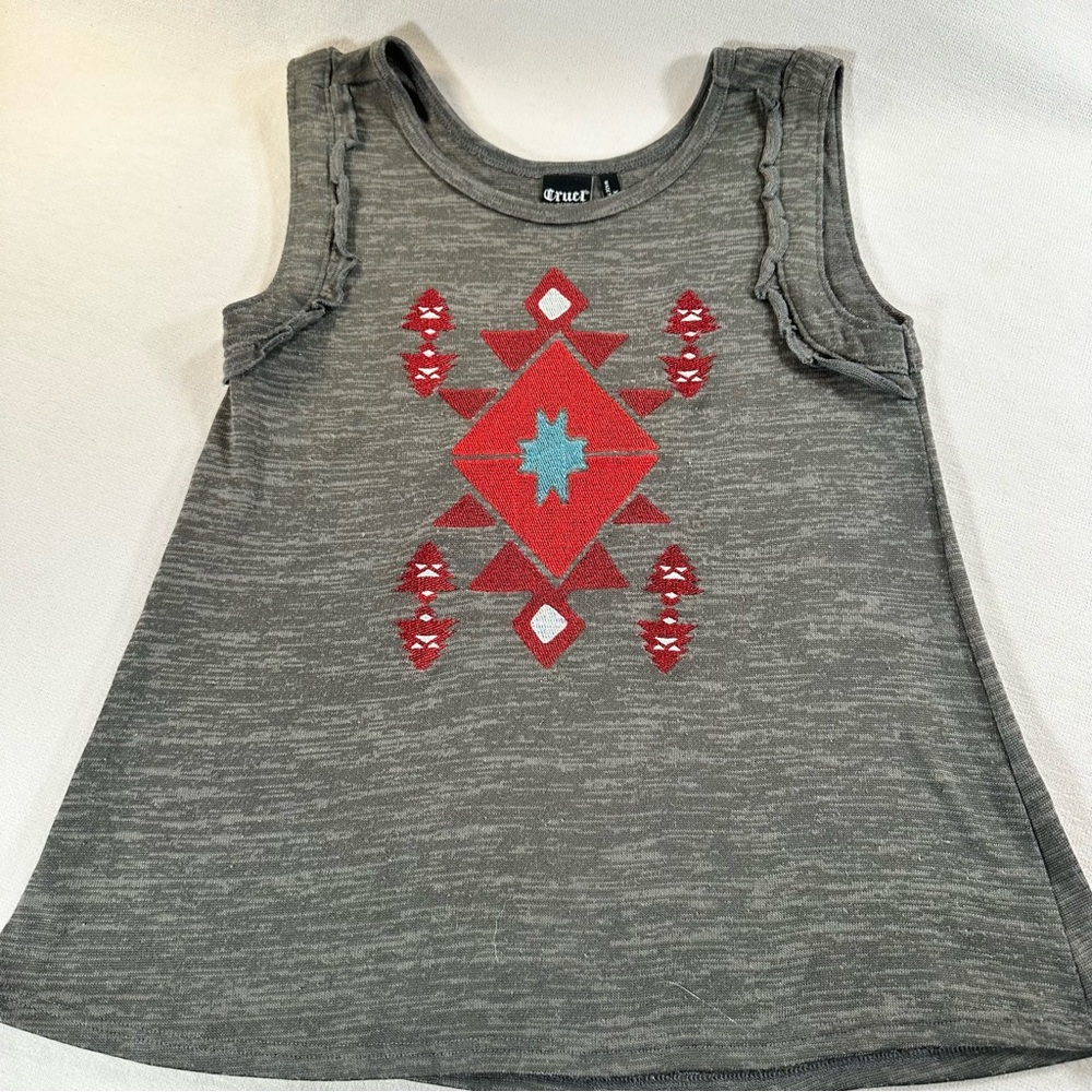 Cruel Denim Gray Tank with Red and Blue Embroidered Geometric Design